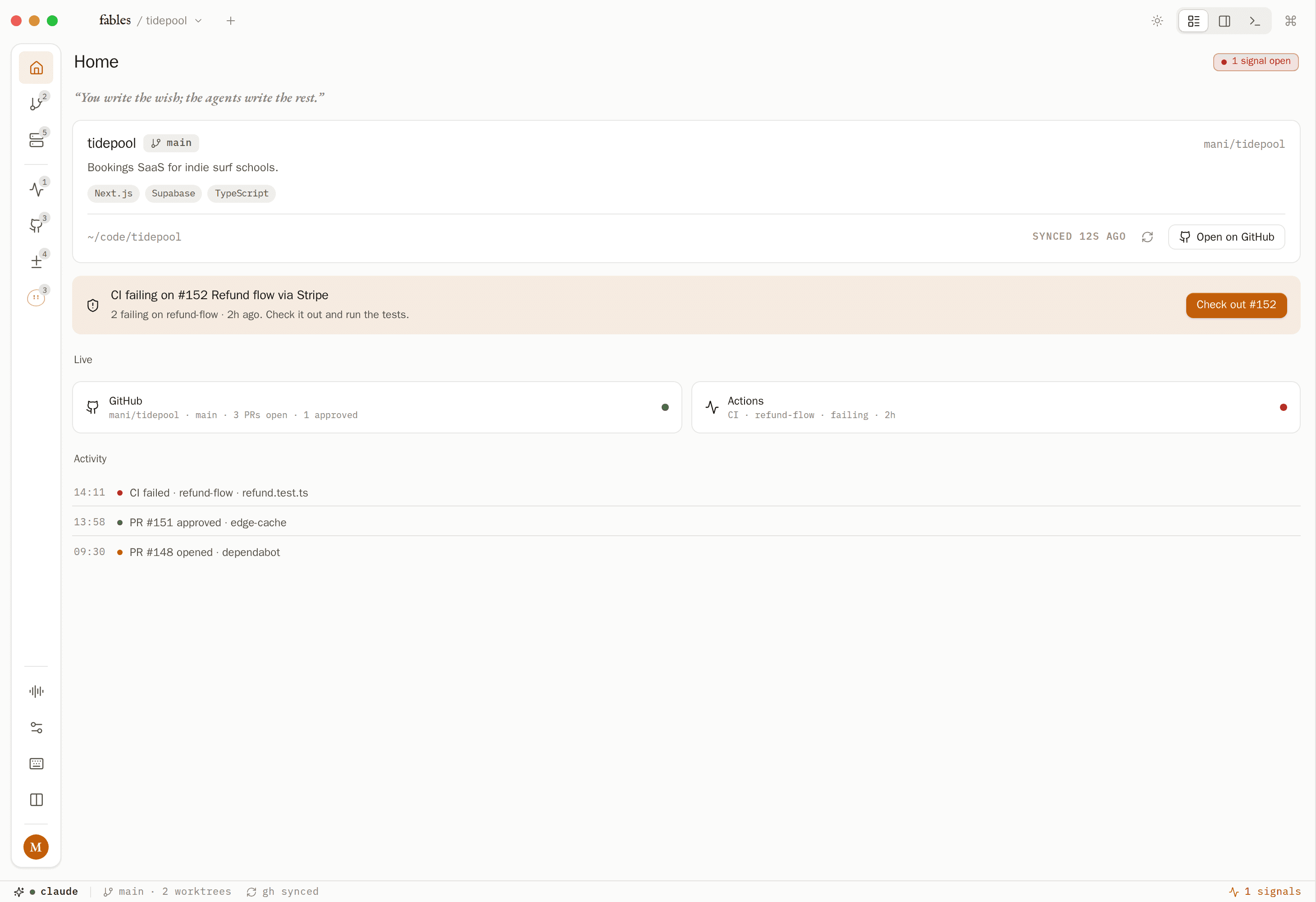 fables in Project mode: the project home with GitHub, CI signals and activity